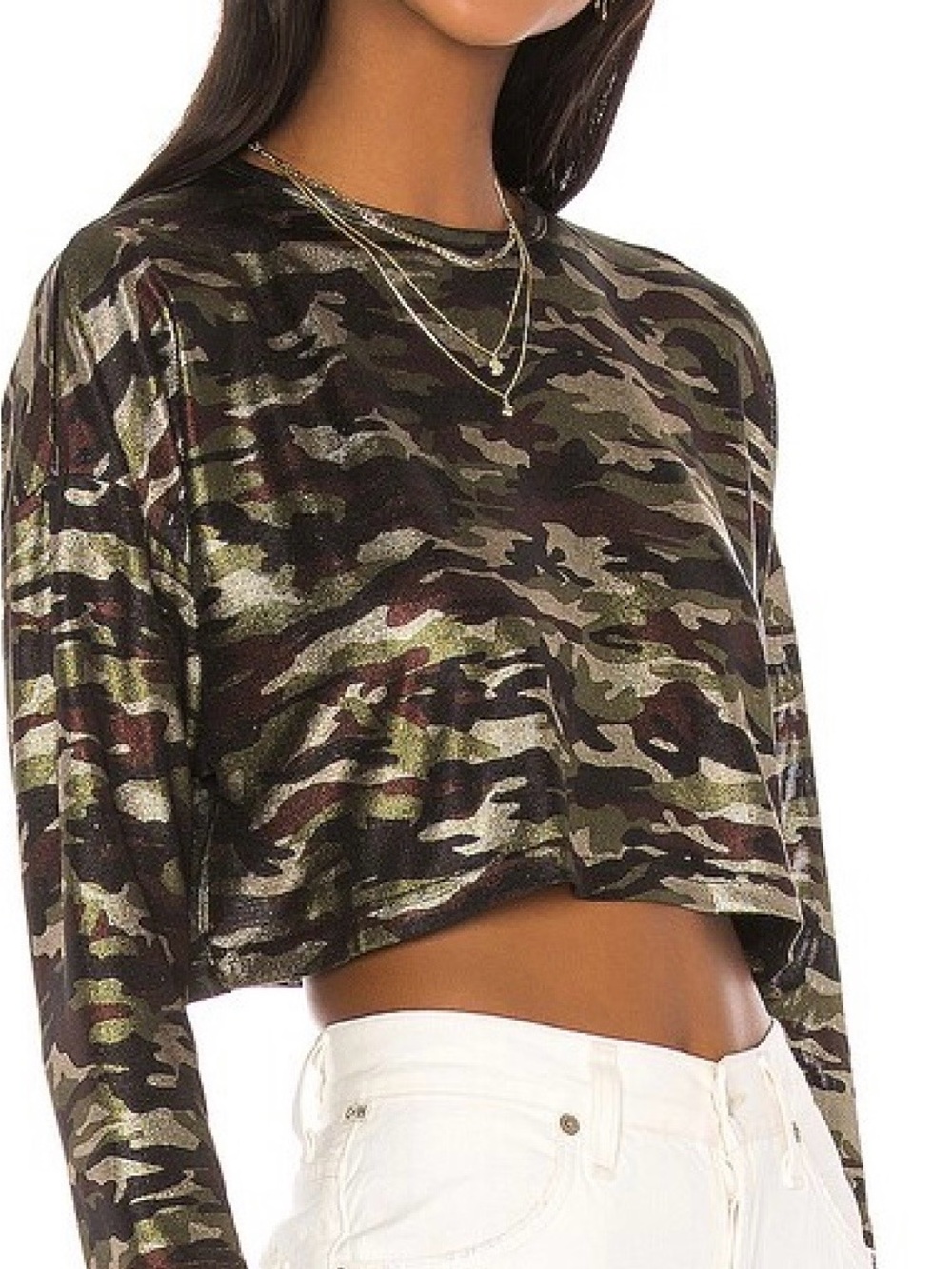 superdown Olive Metallic Camo Cropped Long-Sleeve Top